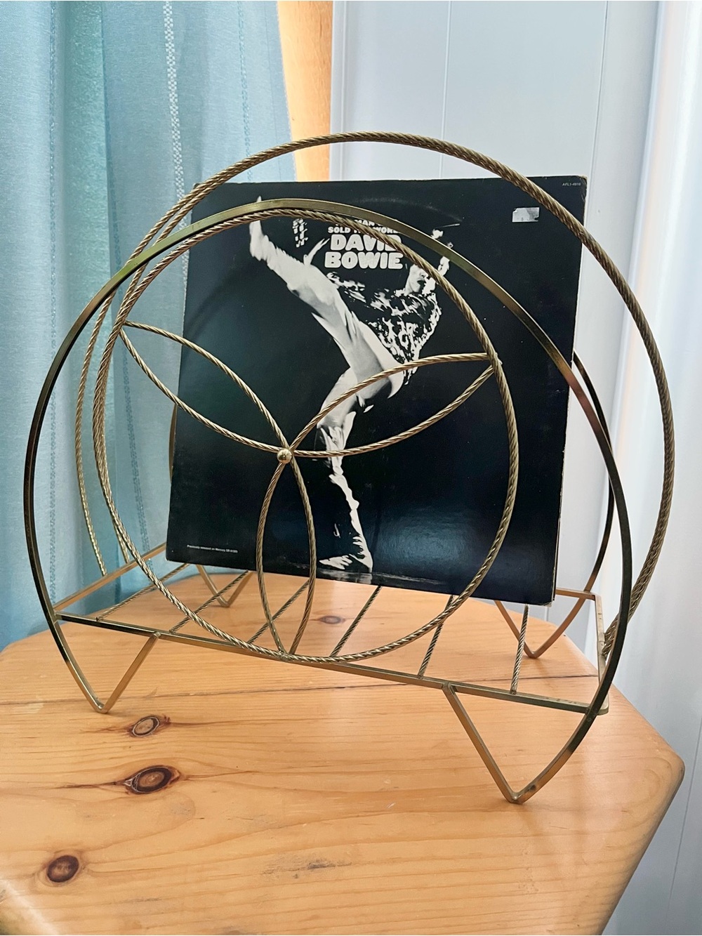 Vintage MCM Brass Bent Metal Record Magazine Holder Rack Wire Gold Art Deco